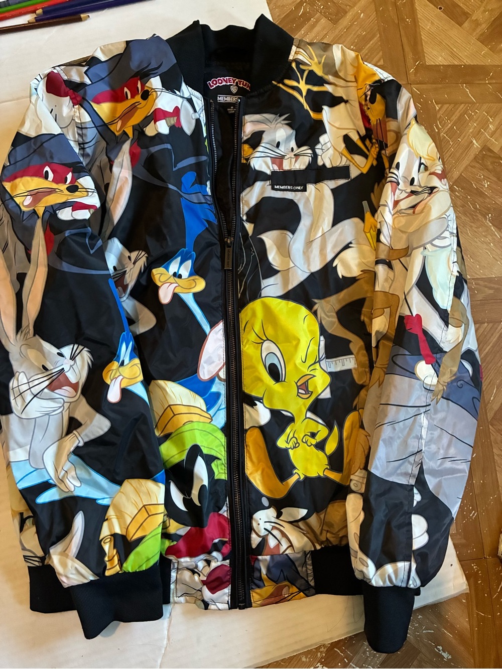 Members Only Looney Tunes Graphic Puffer Jacket - Black/Yellow/Blue